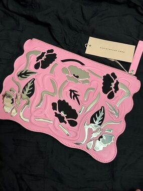 NWT Christopher Kane Pink Leather Floral Cutout Pouch with Silver Accents